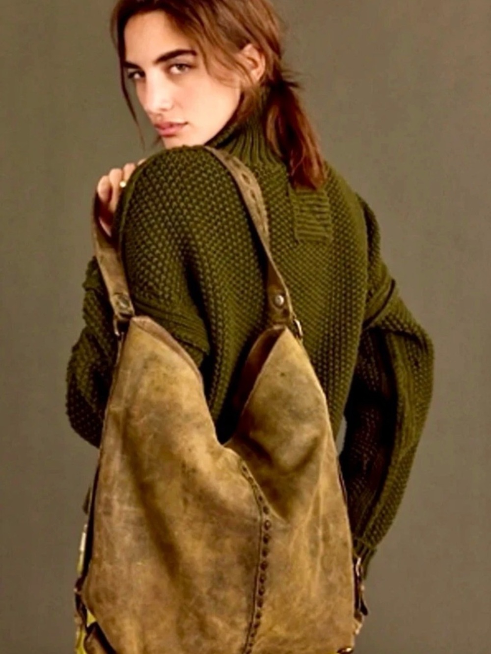 Free People We The Free Distressed Khaki Sandblast Suede Shoulder Bag Bucket - Picture 3 of 13